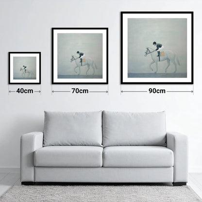 The Quiet Contender - size guide showing 40cm, 70cm and 90cm art prints