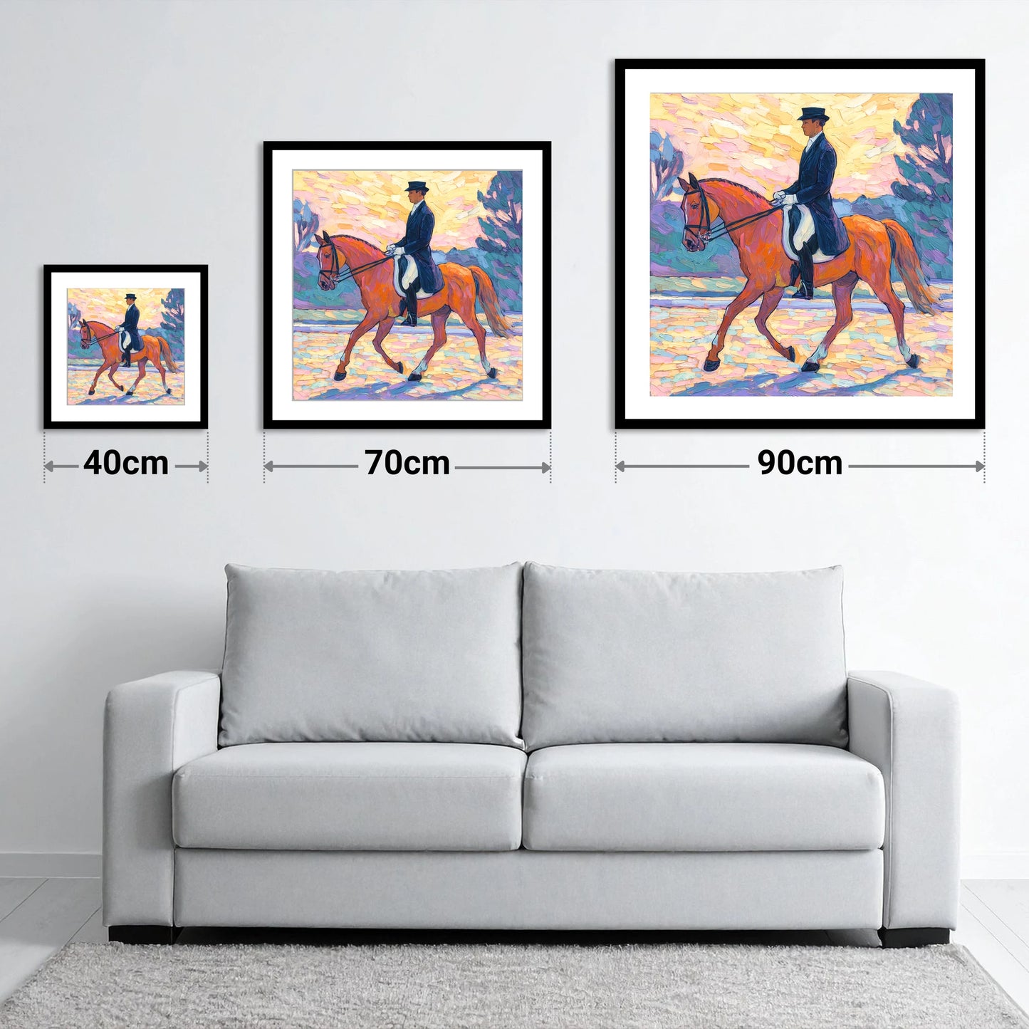 Painted Dressage Elegance - size guide showing 40cm, 70cm and 90cm art prints