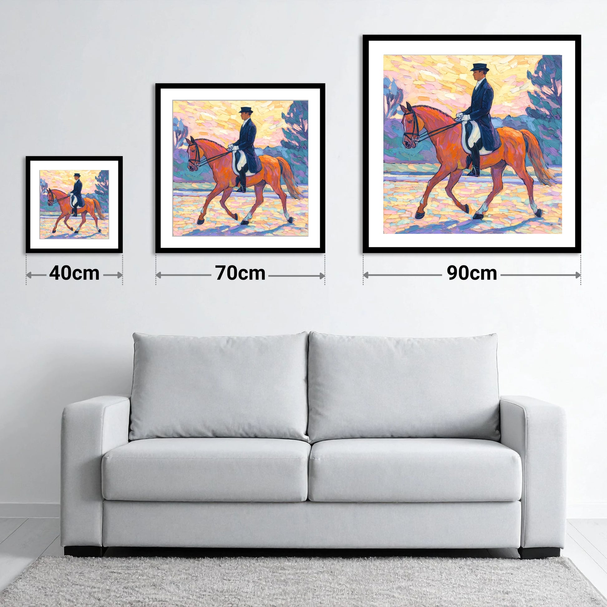 Painted Dressage Elegance - size guide showing 40cm, 70cm and 90cm art prints