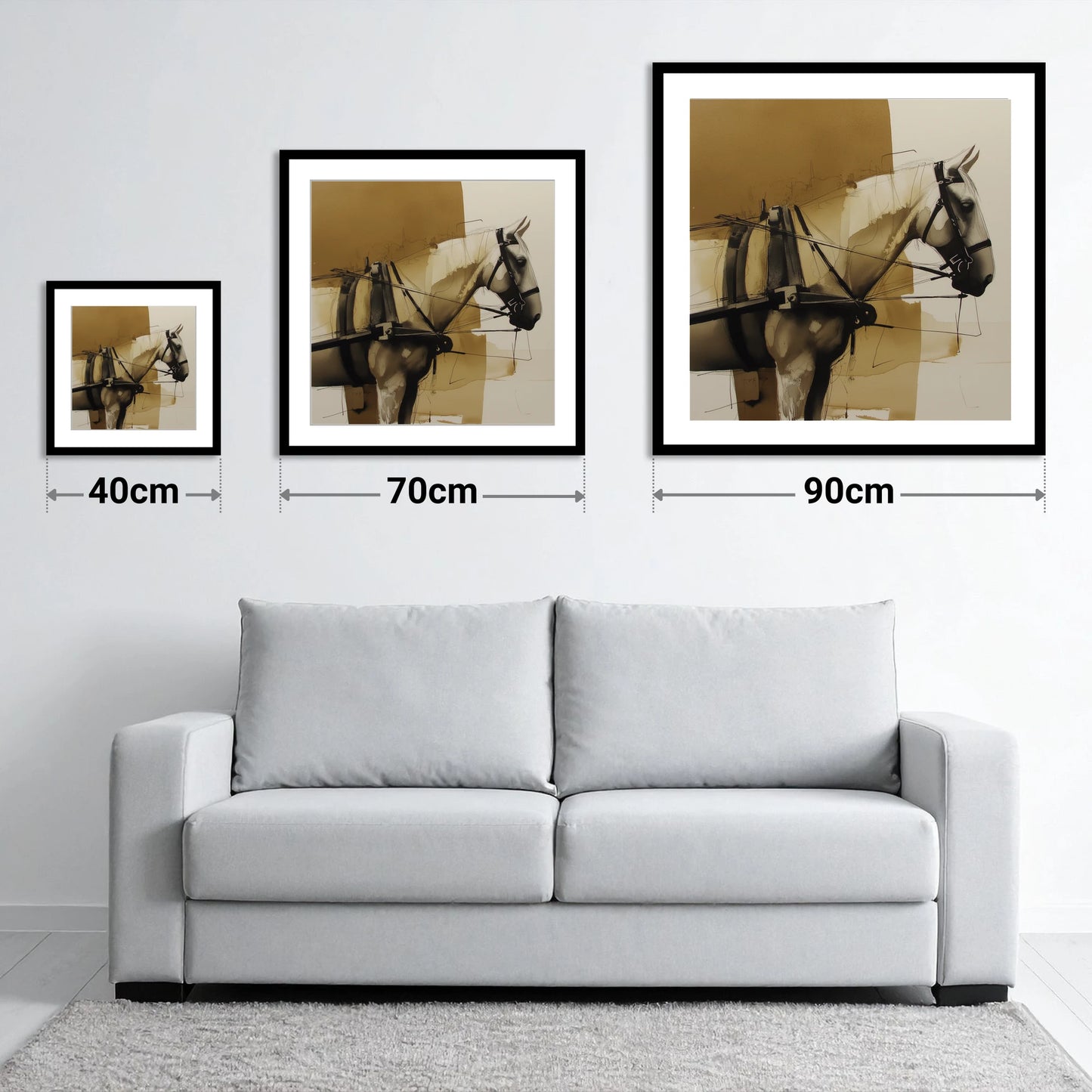 Sepia Harness Study - size guide showing 40cm, 70cm and 90cm art prints