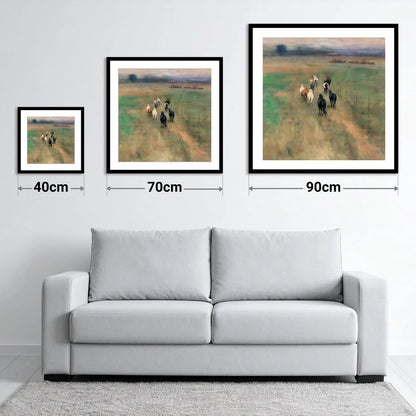 Following the Herd - size guide showing 40cm, 70cm and 90cm art prints