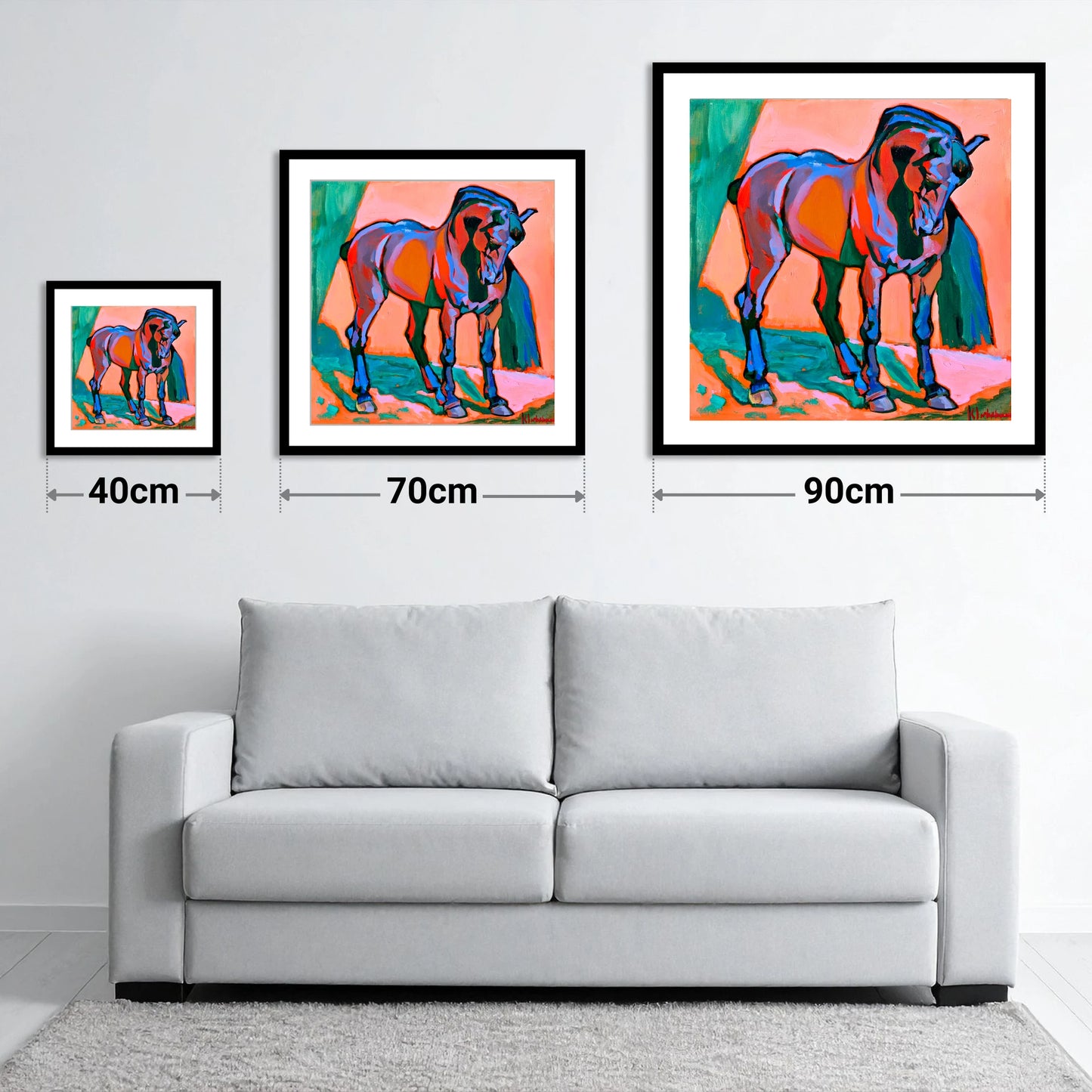 Vivid Abstract Standing Horse - size guide showing 40cm, 70cm and 90cm art prints