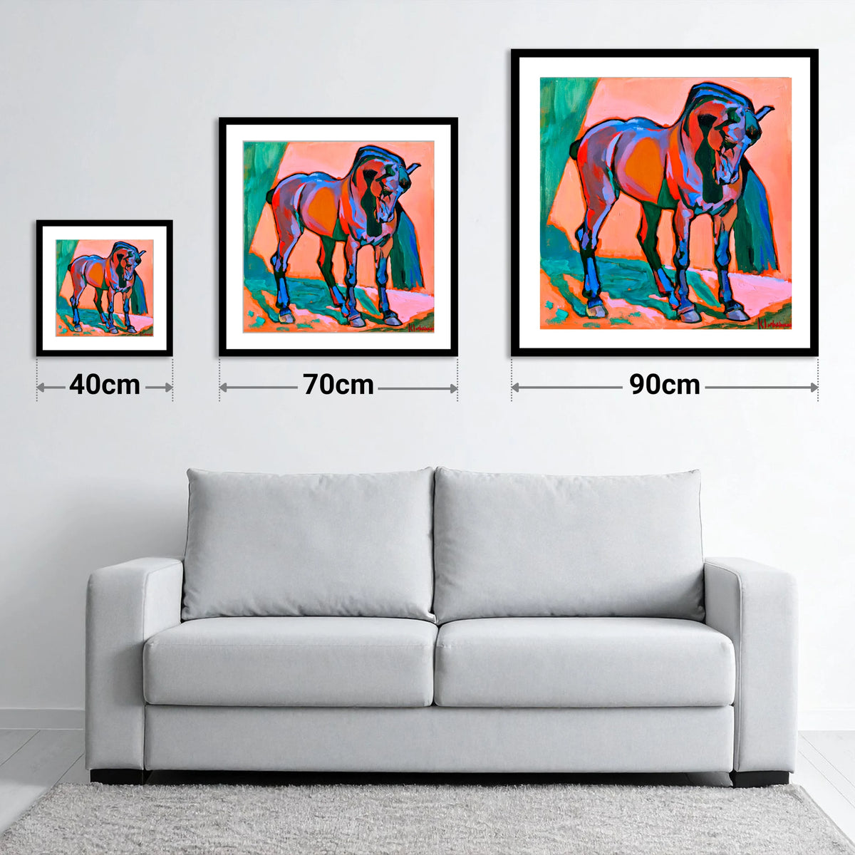 Vivid Abstract Standing Horse - size guide showing 40cm, 70cm and 90cm art prints