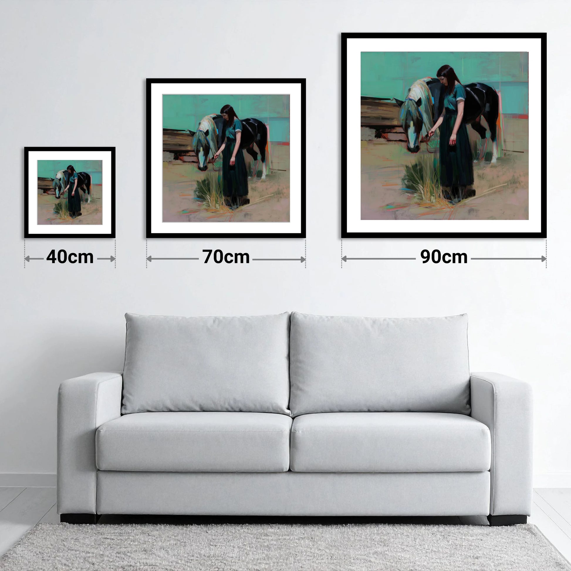 Stillness in Teal - size guide showing 40cm, 70cm and 90cm art prints