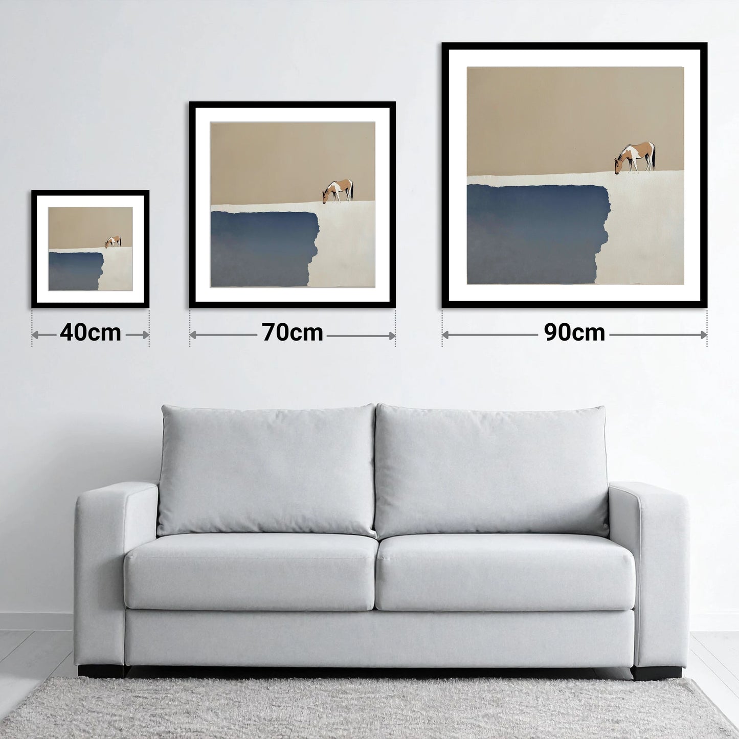 The Quiet Expanse - size guide showing 40cm, 70cm and 90cm art prints