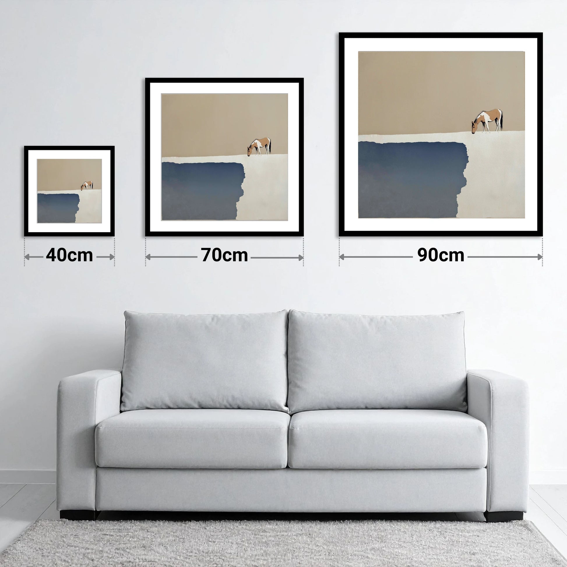 The Quiet Expanse - size guide showing 40cm, 70cm and 90cm art prints