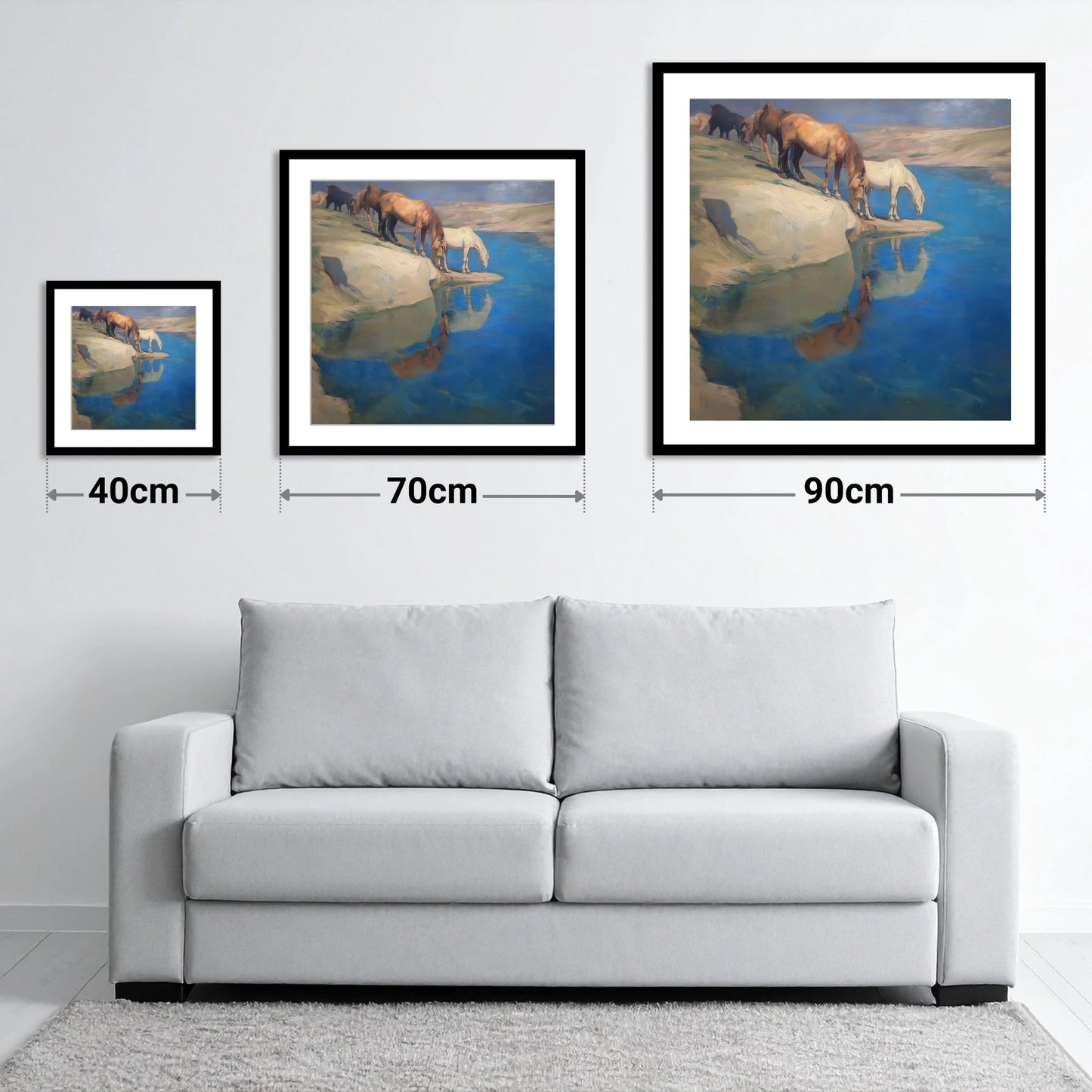 The Azure Watering Hole - size guide showing 40cm, 70cm and 90cm art prints