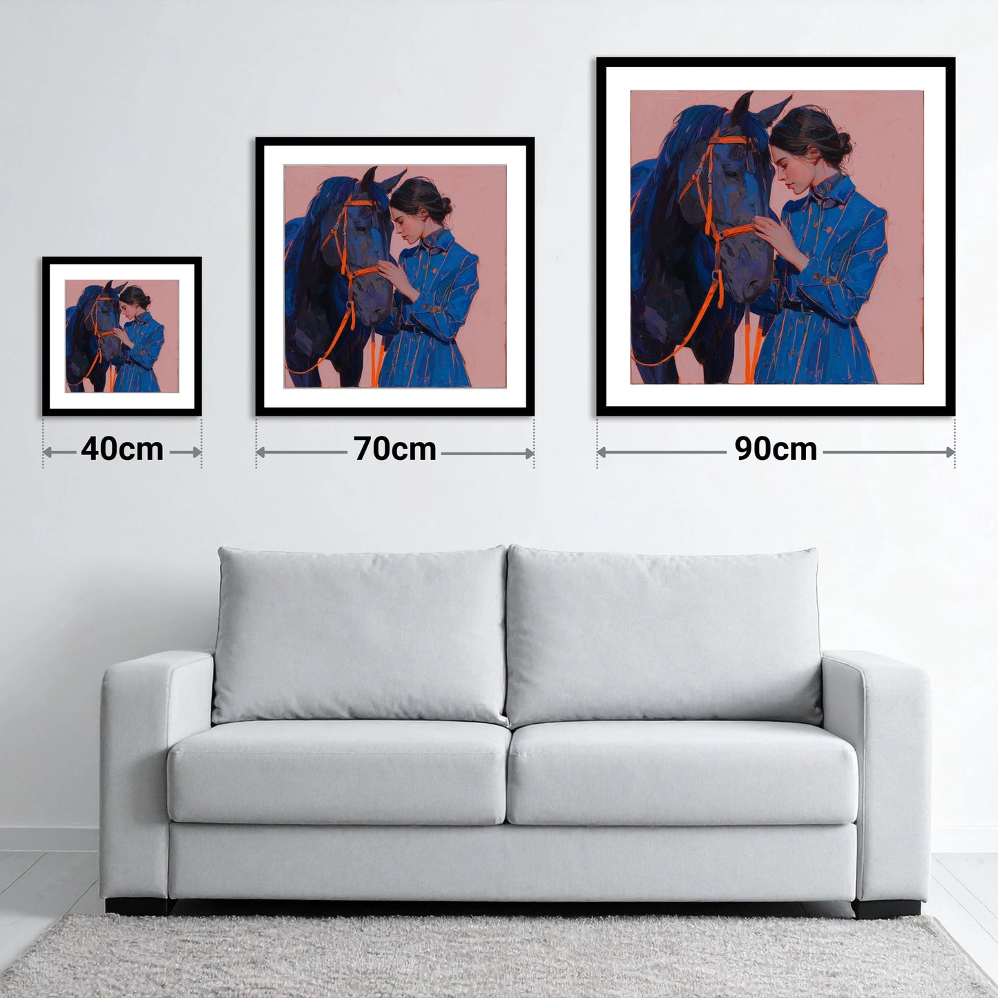 The Indigo Embrace - size guide showing 40cm, 70cm and 90cm art prints