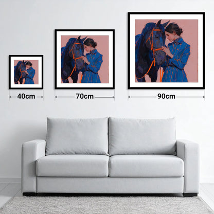 The Indigo Embrace - size guide showing 40cm, 70cm and 90cm art prints