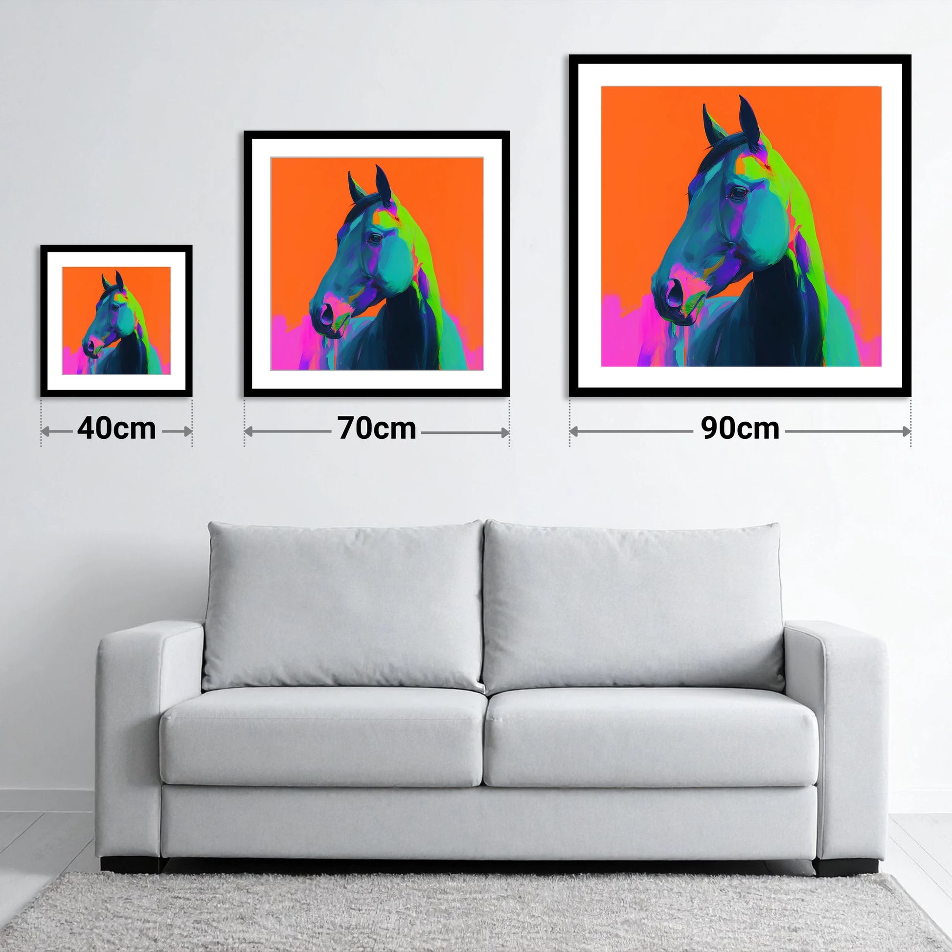Electric Equine Spirit - size guide showing 40cm, 70cm and 90cm art prints