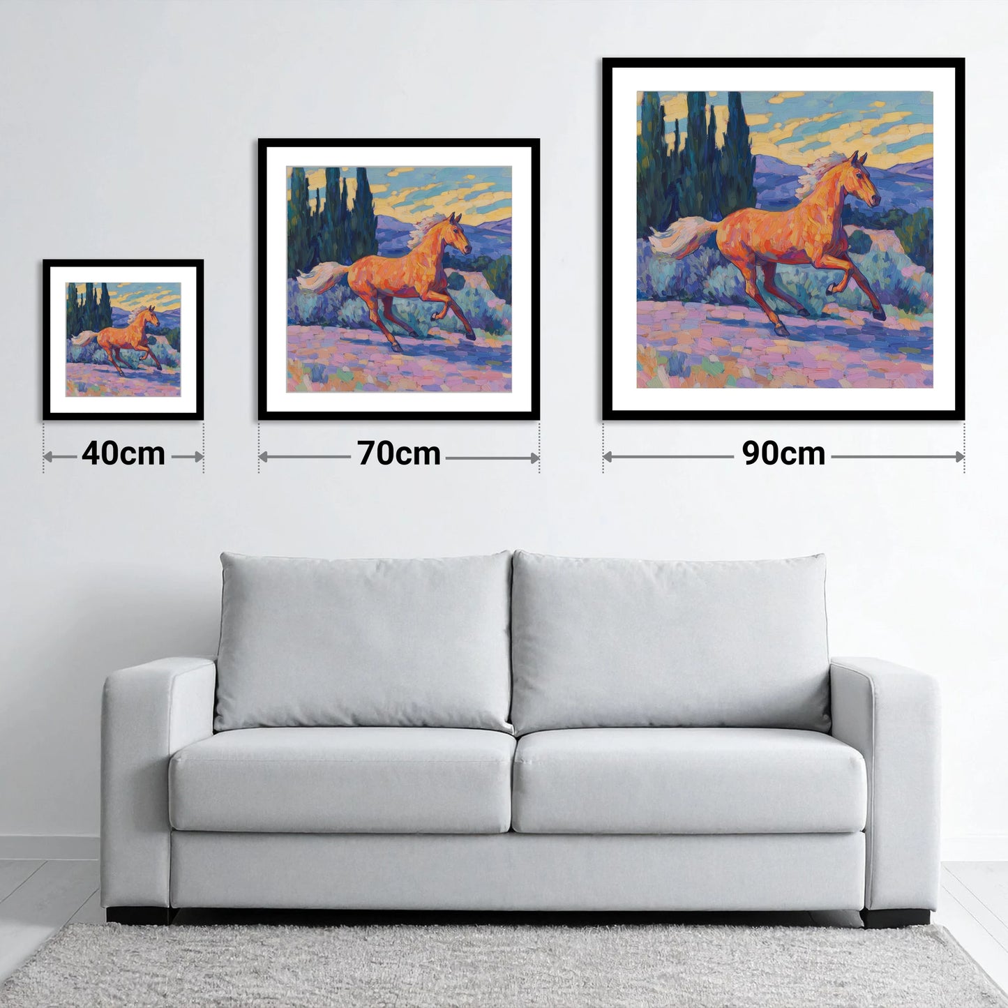 Vibrant Golden Canter - size guide showing 40cm, 70cm and 90cm art prints