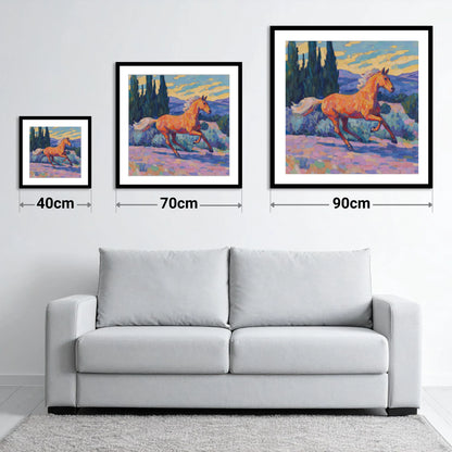 Vibrant Golden Canter - size guide showing 40cm, 70cm and 90cm art prints