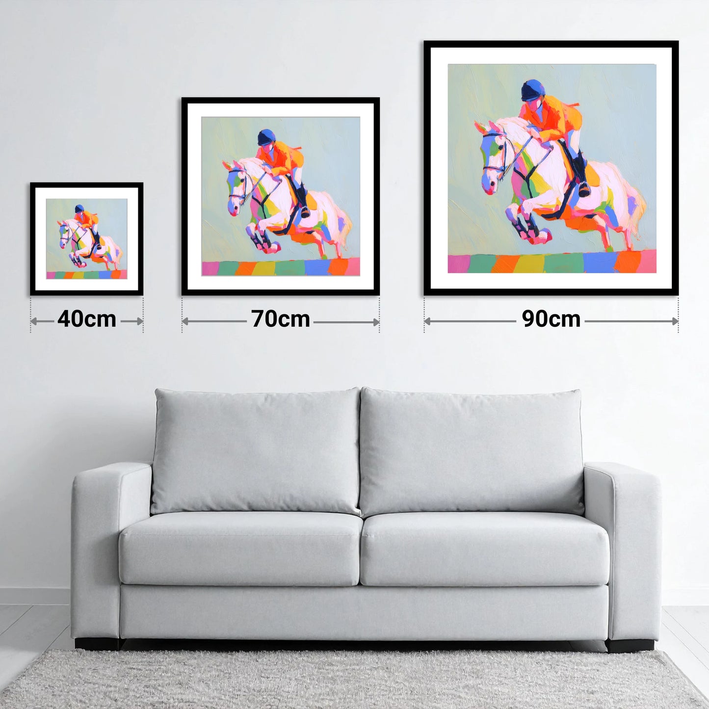 Technicolour Flight - size guide showing 40cm, 70cm and 90cm art prints