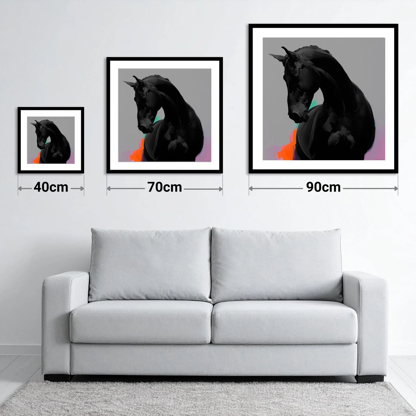 Sculpted Obsidian - size guide showing 40cm, 70cm and 90cm art prints