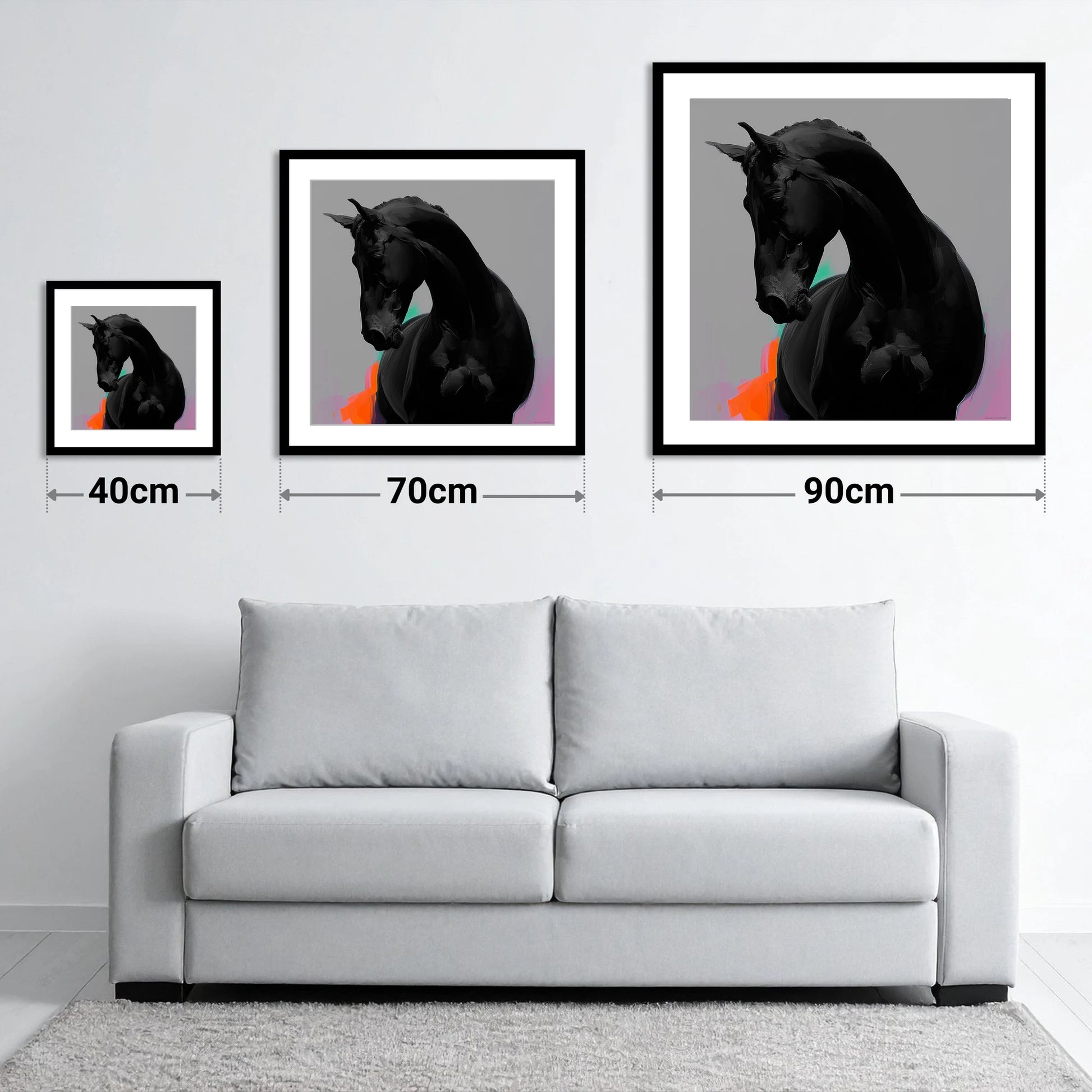 Sculpted Obsidian - size guide showing 40cm, 70cm and 90cm art prints