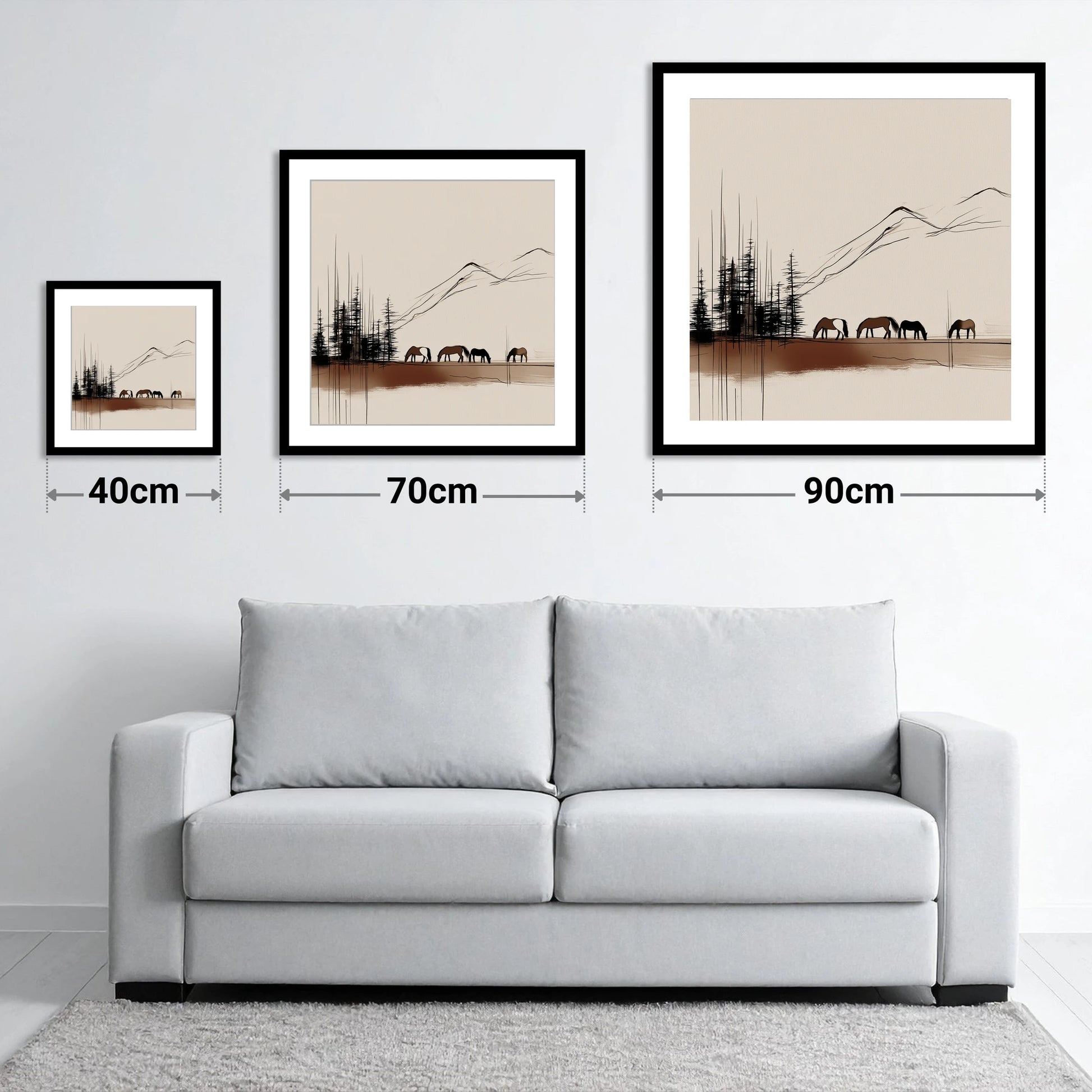 Grazing Beneath the Pines - size guide showing 40cm, 70cm and 90cm art prints