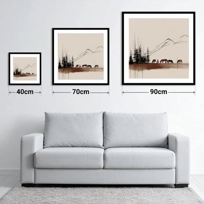 Grazing Beneath the Pines - size guide showing 40cm, 70cm and 90cm art prints