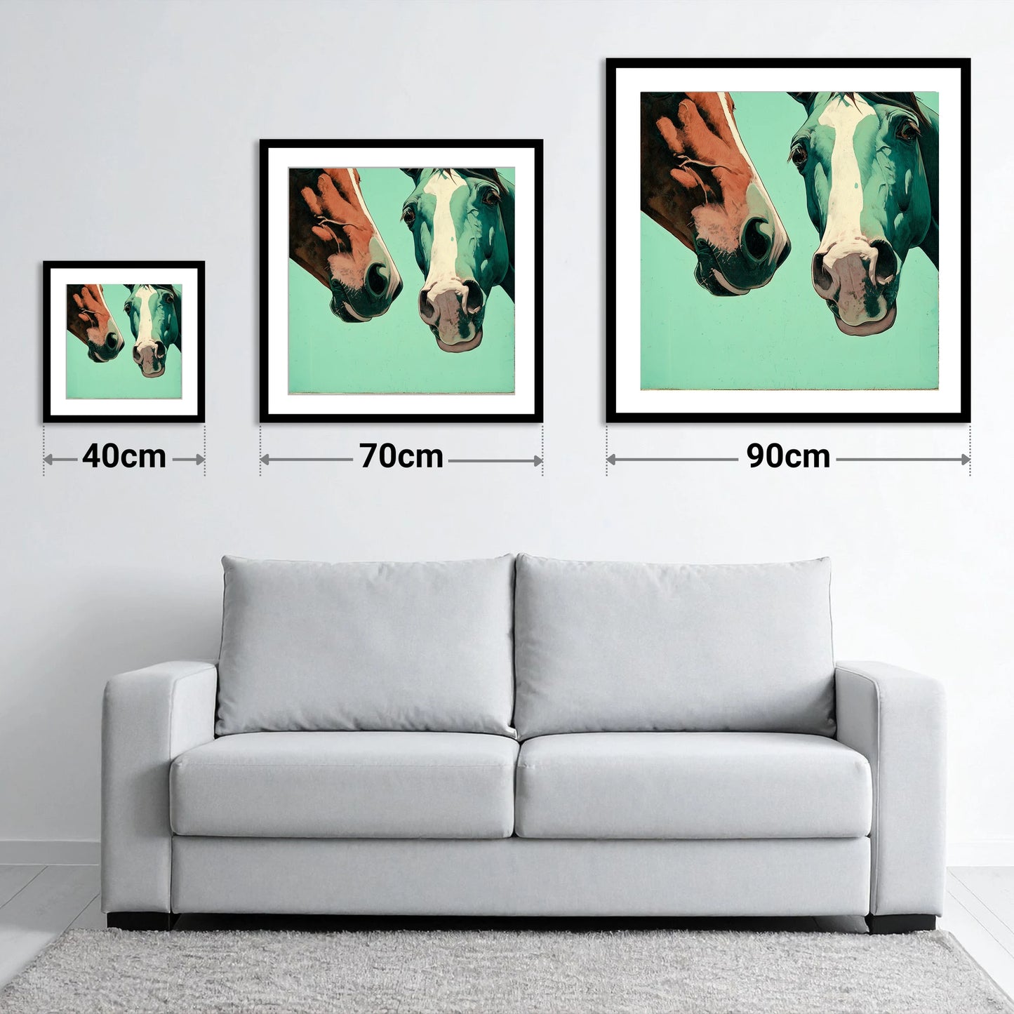 Inquisitive Companions - size guide showing 40cm, 70cm and 90cm art prints