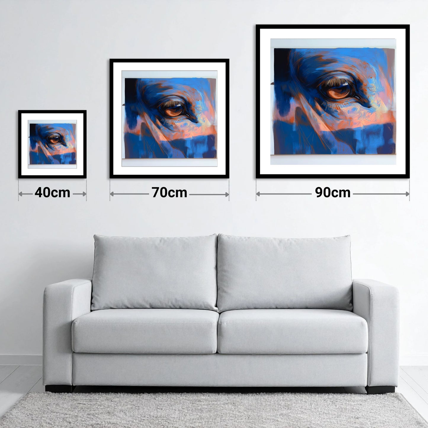 Soulful Azure Gaze - size guide showing 40cm, 70cm and 90cm art prints