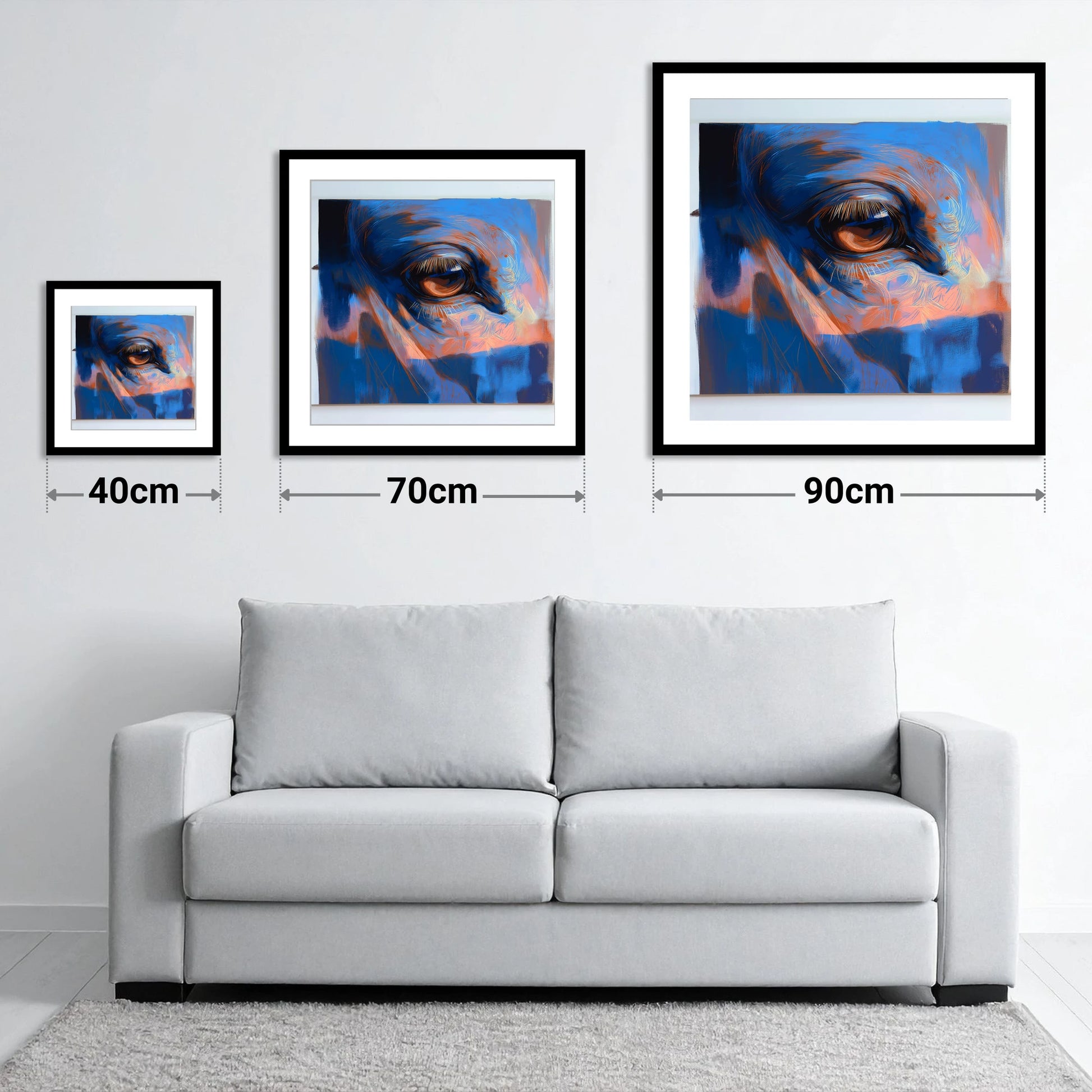 Soulful Azure Gaze - size guide showing 40cm, 70cm and 90cm art prints