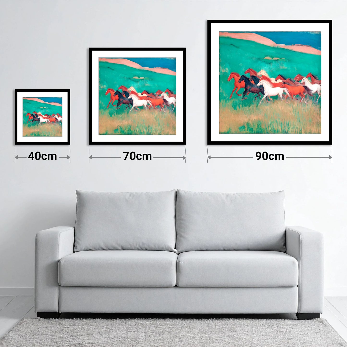 Crimson and Emerald Herd - size guide showing 40cm, 70cm and 90cm art prints