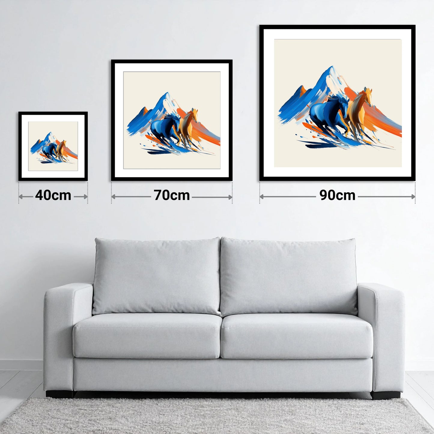 Vivid Mountain Strides - size guide showing 40cm, 70cm and 90cm art prints