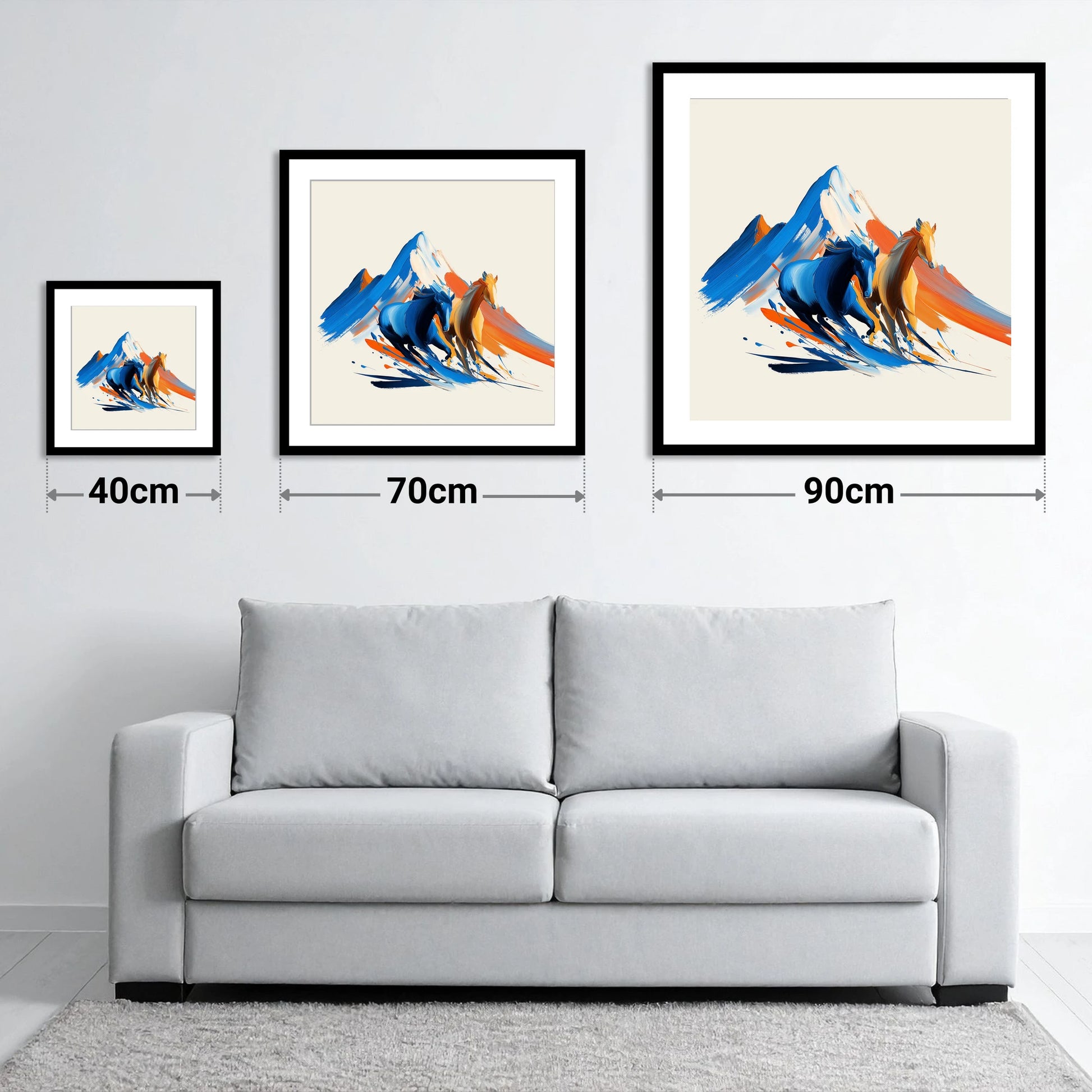 Vivid Mountain Strides - size guide showing 40cm, 70cm and 90cm art prints