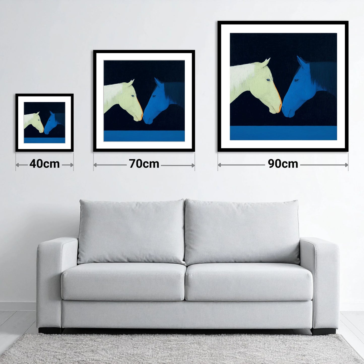 Midnight Connection - size guide showing 40cm, 70cm and 90cm art prints