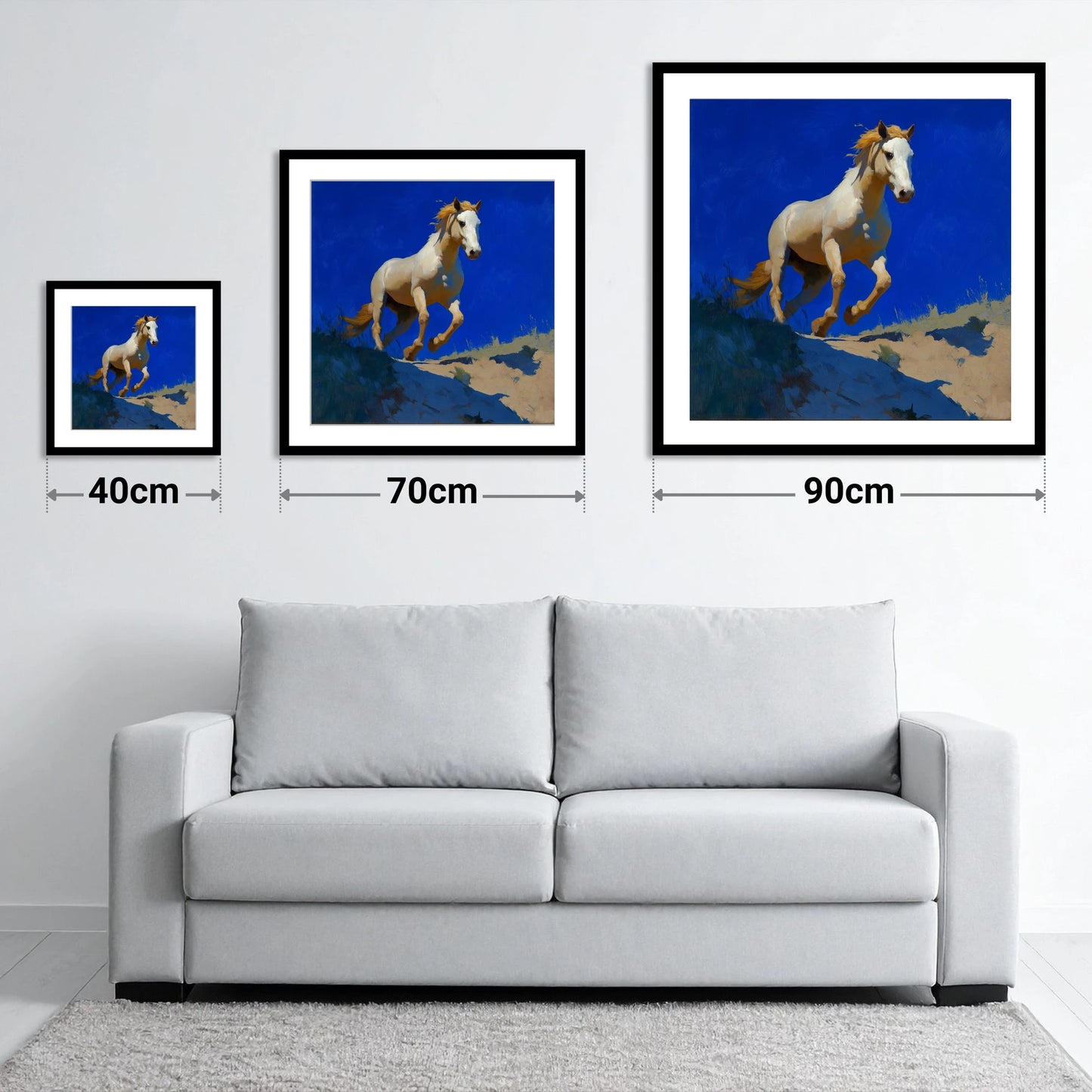Sunlit Ascent - size guide showing 40cm, 70cm and 90cm art prints