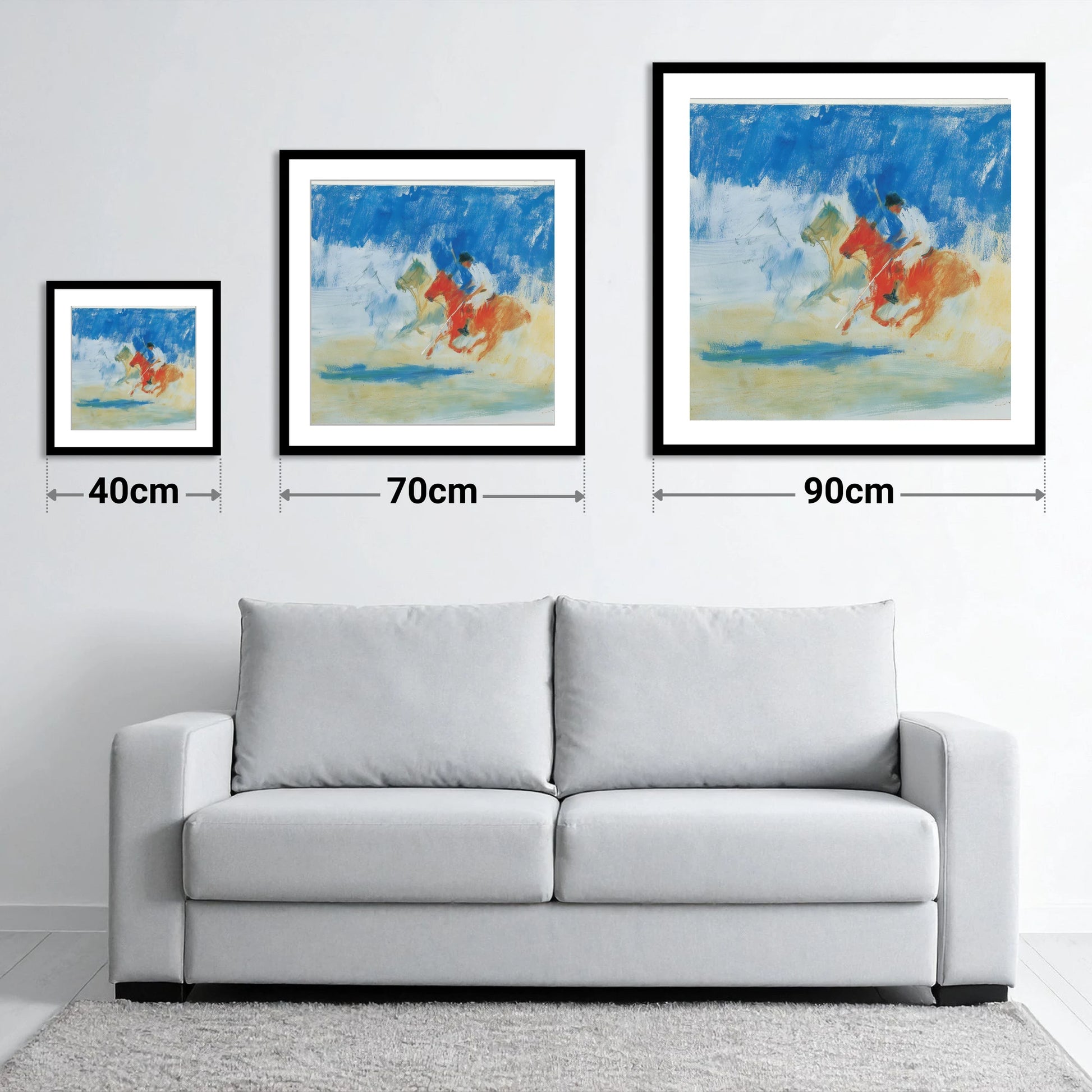Cerulean Polo Chase - size guide showing 40cm, 70cm and 90cm art prints