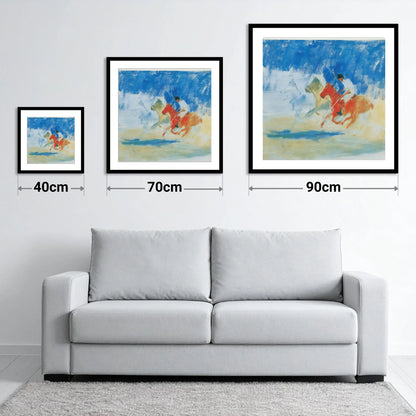 Cerulean Polo Chase - size guide showing 40cm, 70cm and 90cm art prints