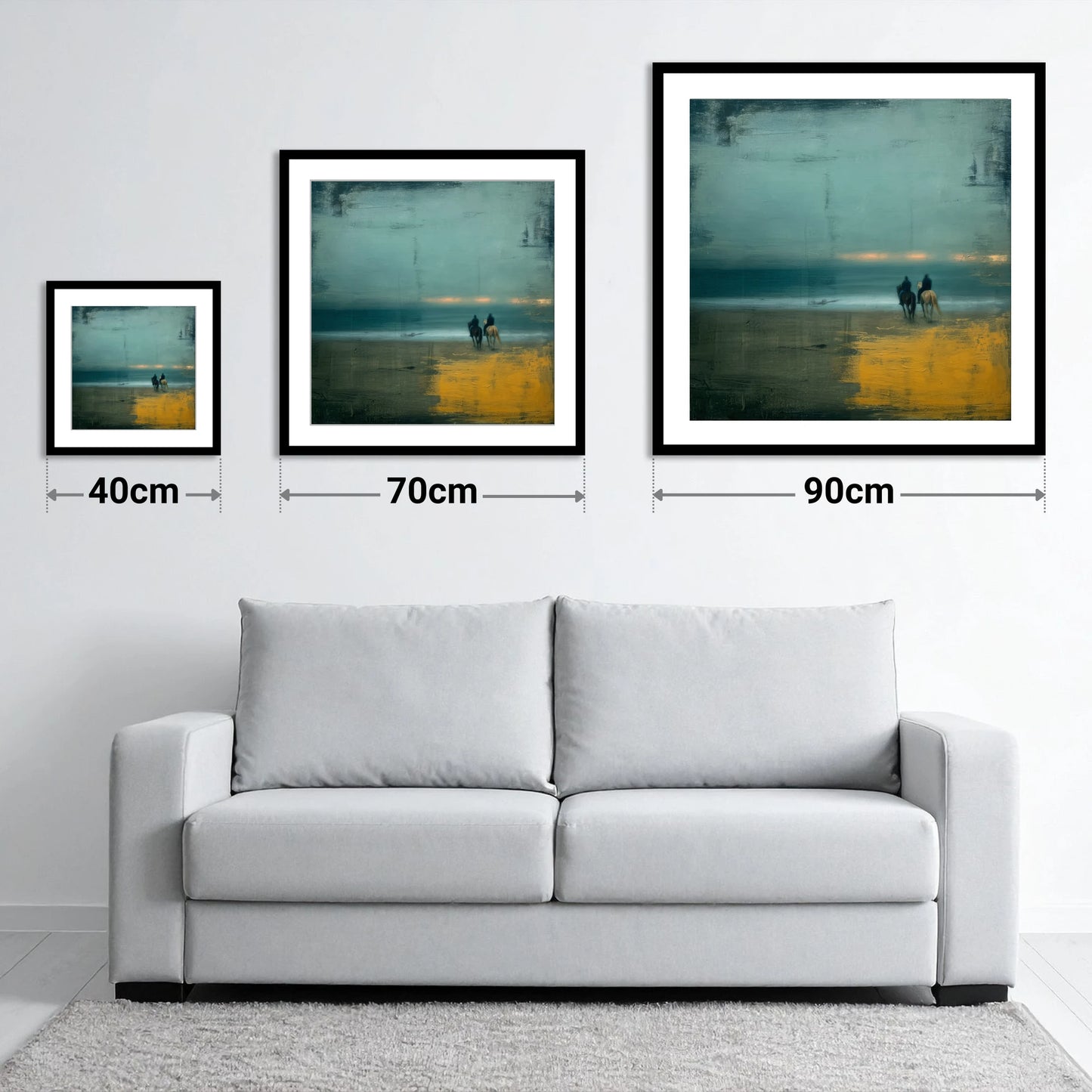 Ochre Tide Riders - size guide showing 40cm, 70cm and 90cm art prints