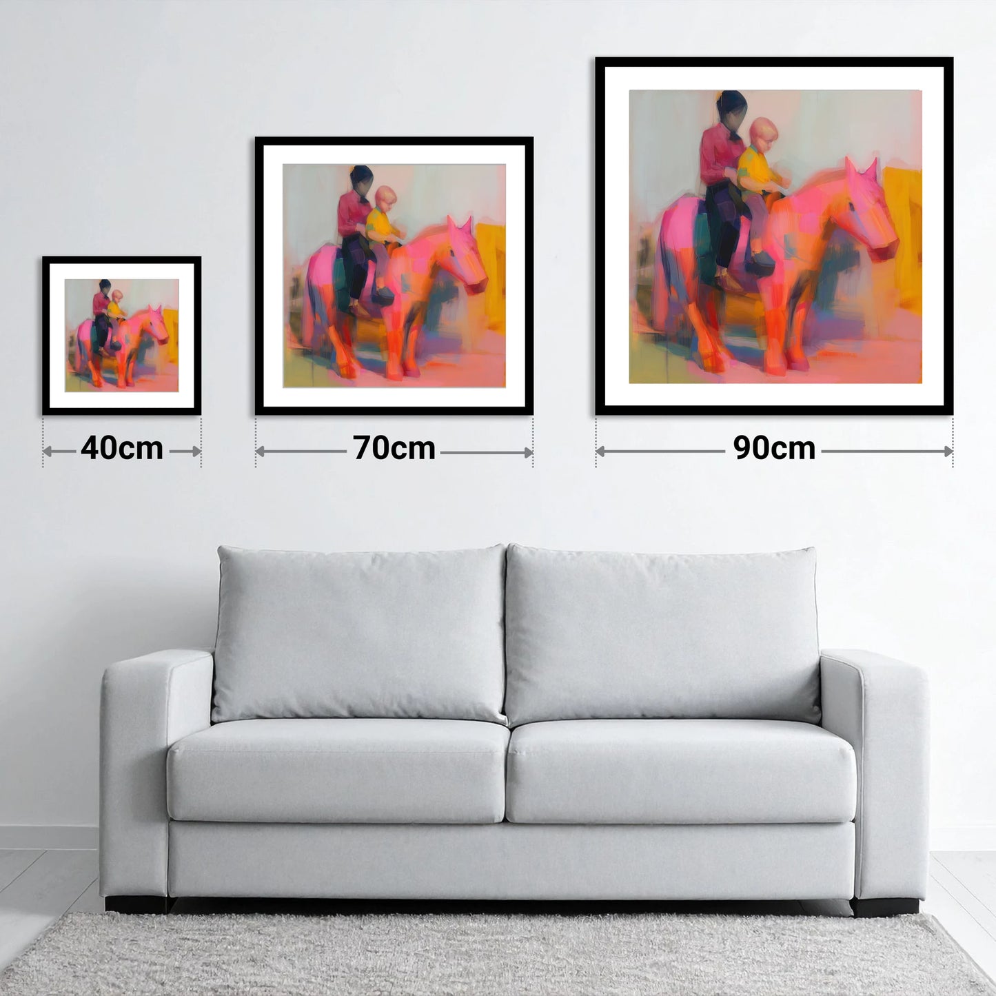 The Radiant Ride - size guide showing 40cm, 70cm and 90cm art prints