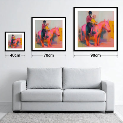 The Radiant Ride - size guide showing 40cm, 70cm and 90cm art prints