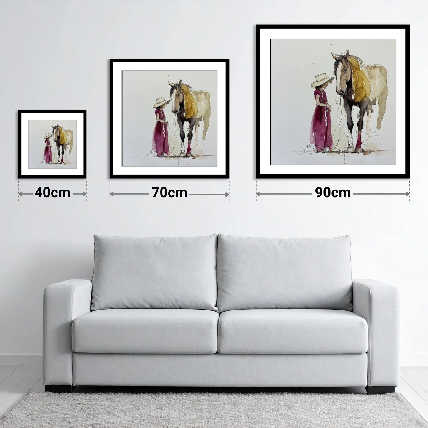 A Quiet Connection - size guide showing 40cm, 70cm and 90cm art prints