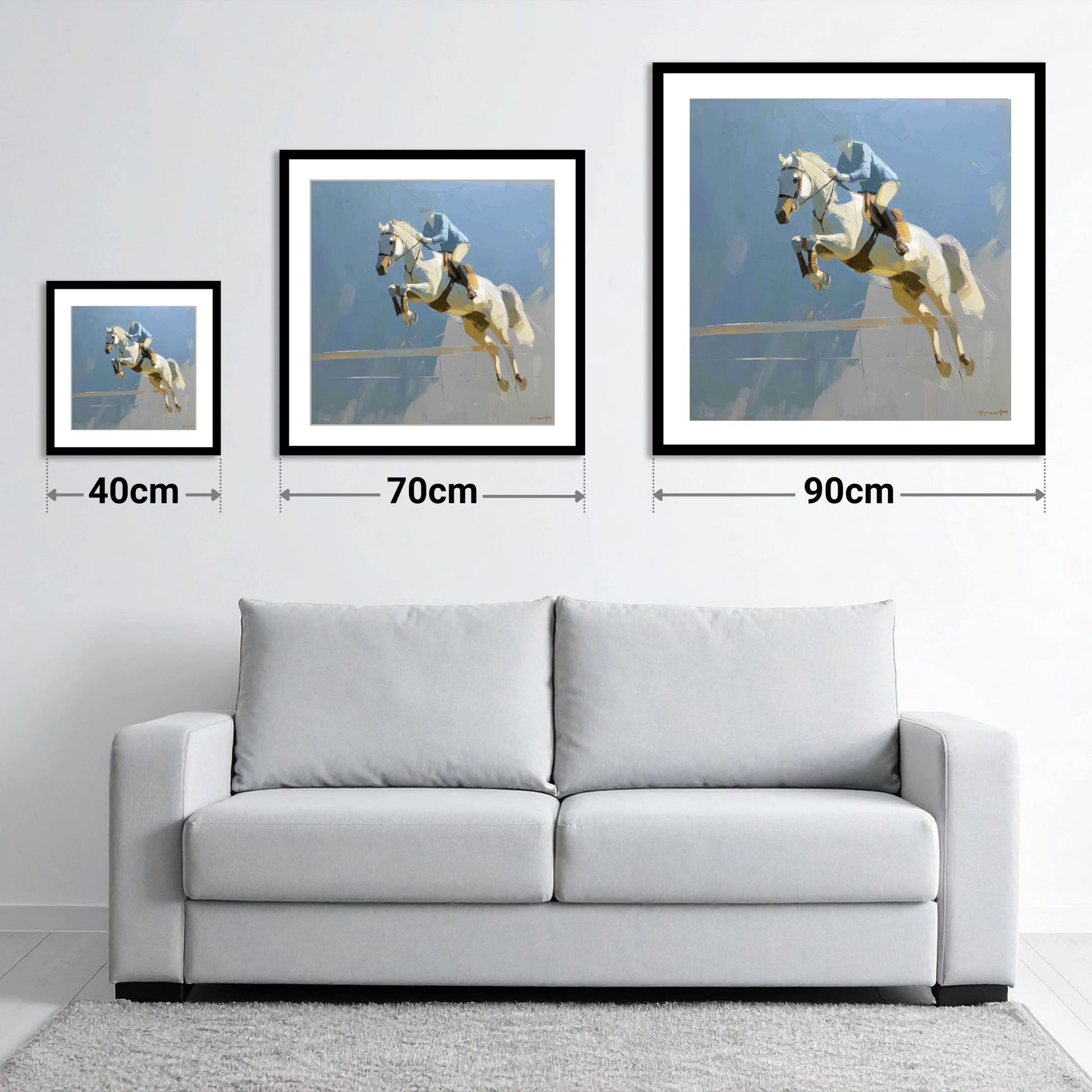 Flight Over Slate - size guide showing 40cm, 70cm and 90cm art prints