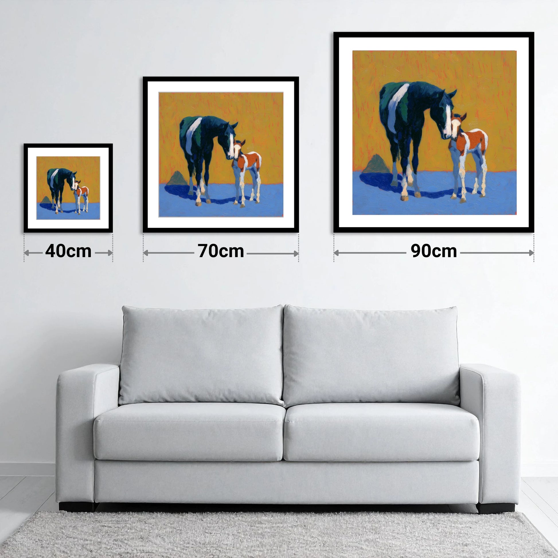 Sun-Drenched Devotion - size guide showing 40cm, 70cm and 90cm art prints