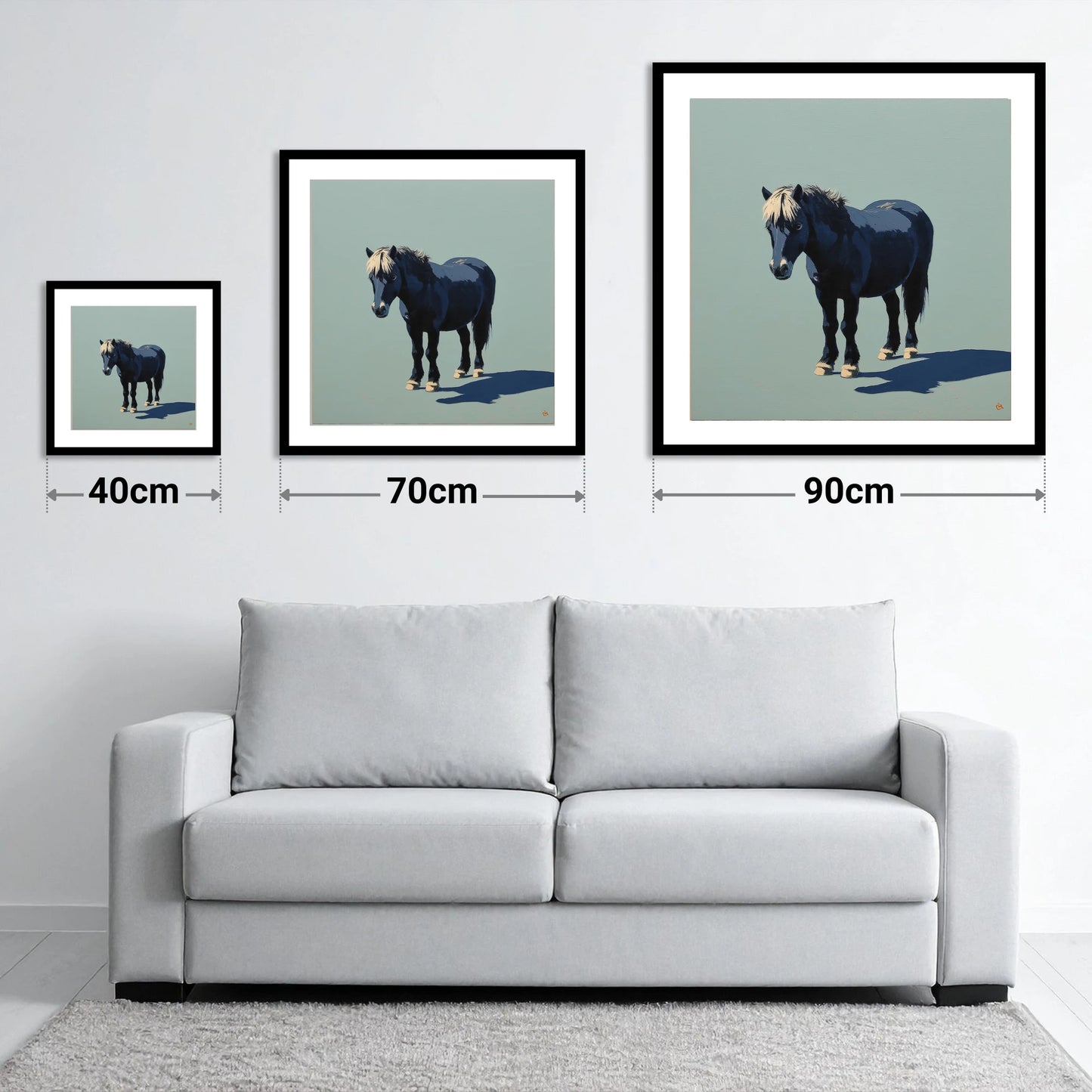 Midnight Blue Pony - size guide showing 40cm, 70cm and 90cm art prints