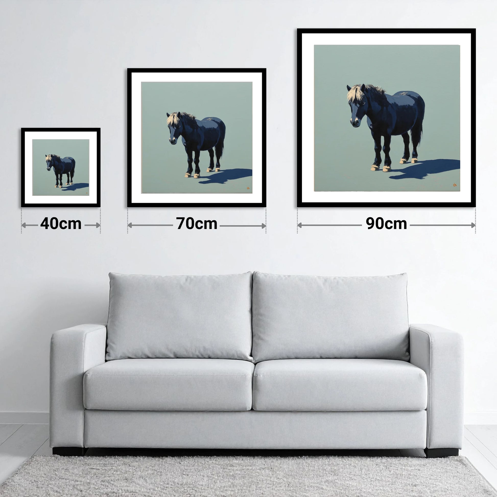 Midnight Blue Pony - size guide showing 40cm, 70cm and 90cm art prints