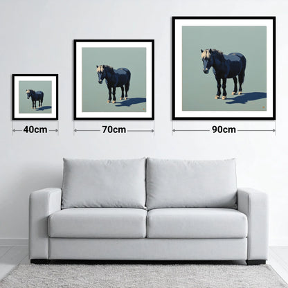 Midnight Blue Pony - size guide showing 40cm, 70cm and 90cm art prints