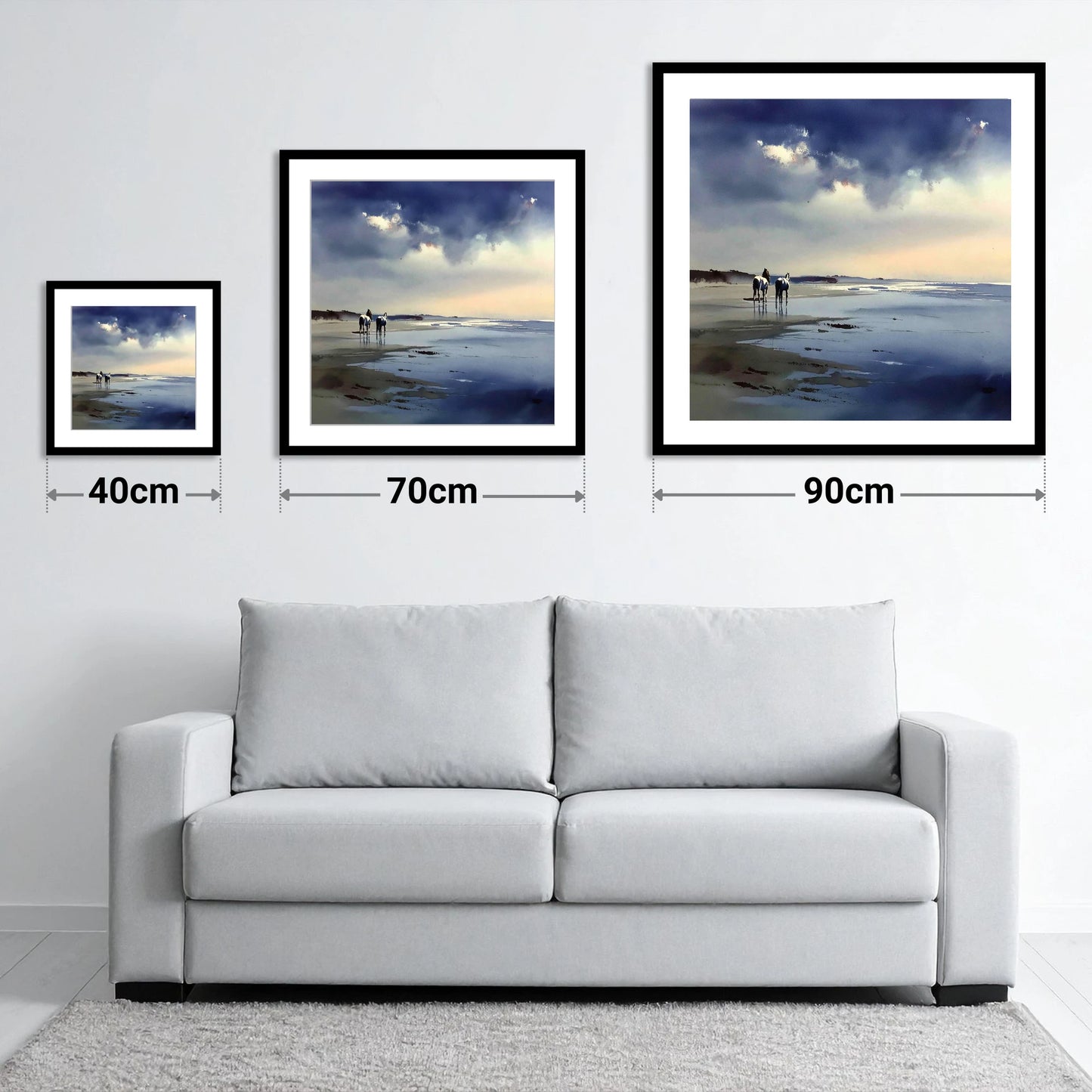 Reflections at Low Tide - size guide showing 40cm, 70cm and 90cm art prints