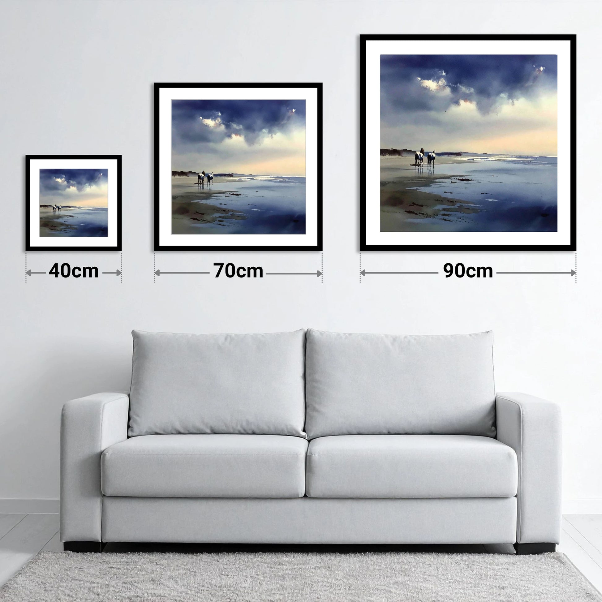 Reflections at Low Tide - size guide showing 40cm, 70cm and 90cm art prints