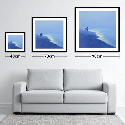 The Indigo Shore - size guide showing 40cm, 70cm and 90cm art prints