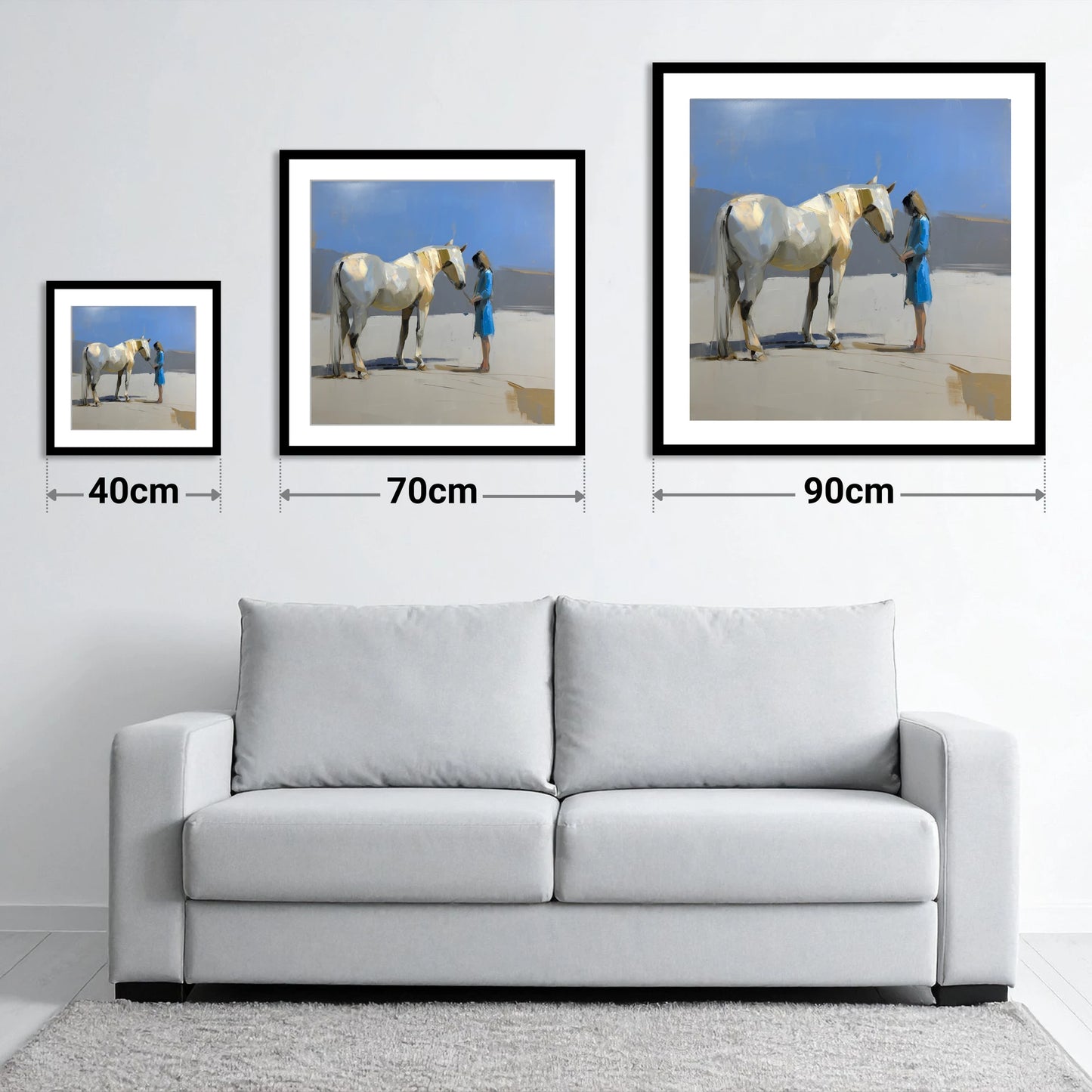 Sunlit Companion - size guide showing 40cm, 70cm and 90cm art prints