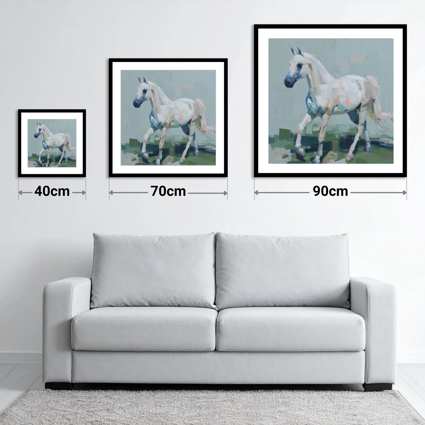 Contemporary Grey Stride - size guide showing 40cm, 70cm and 90cm art prints