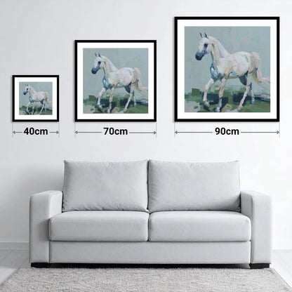 Contemporary Grey Stride - size guide showing 40cm, 70cm and 90cm art prints