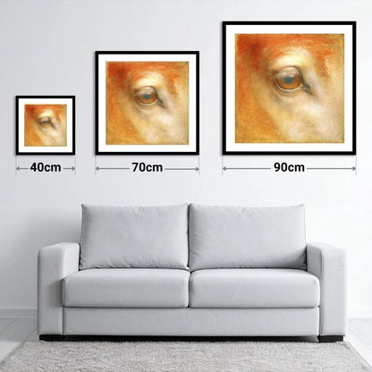 The Amber Gaze - size guide showing 40cm, 70cm and 90cm art prints