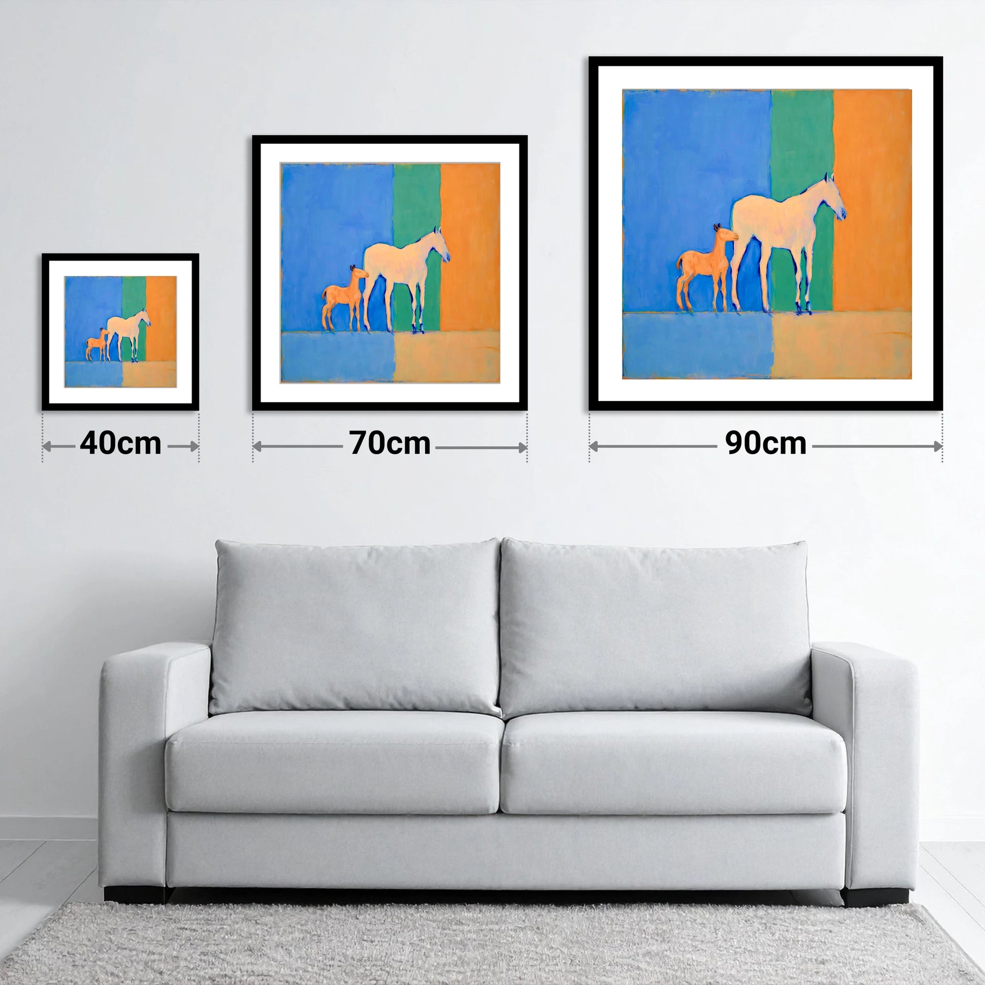 Cobalt and Terracotta Bond - size guide showing 40cm, 70cm and 90cm art prints