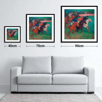 The Vibrant Furlong - size guide showing 40cm, 70cm and 90cm art prints