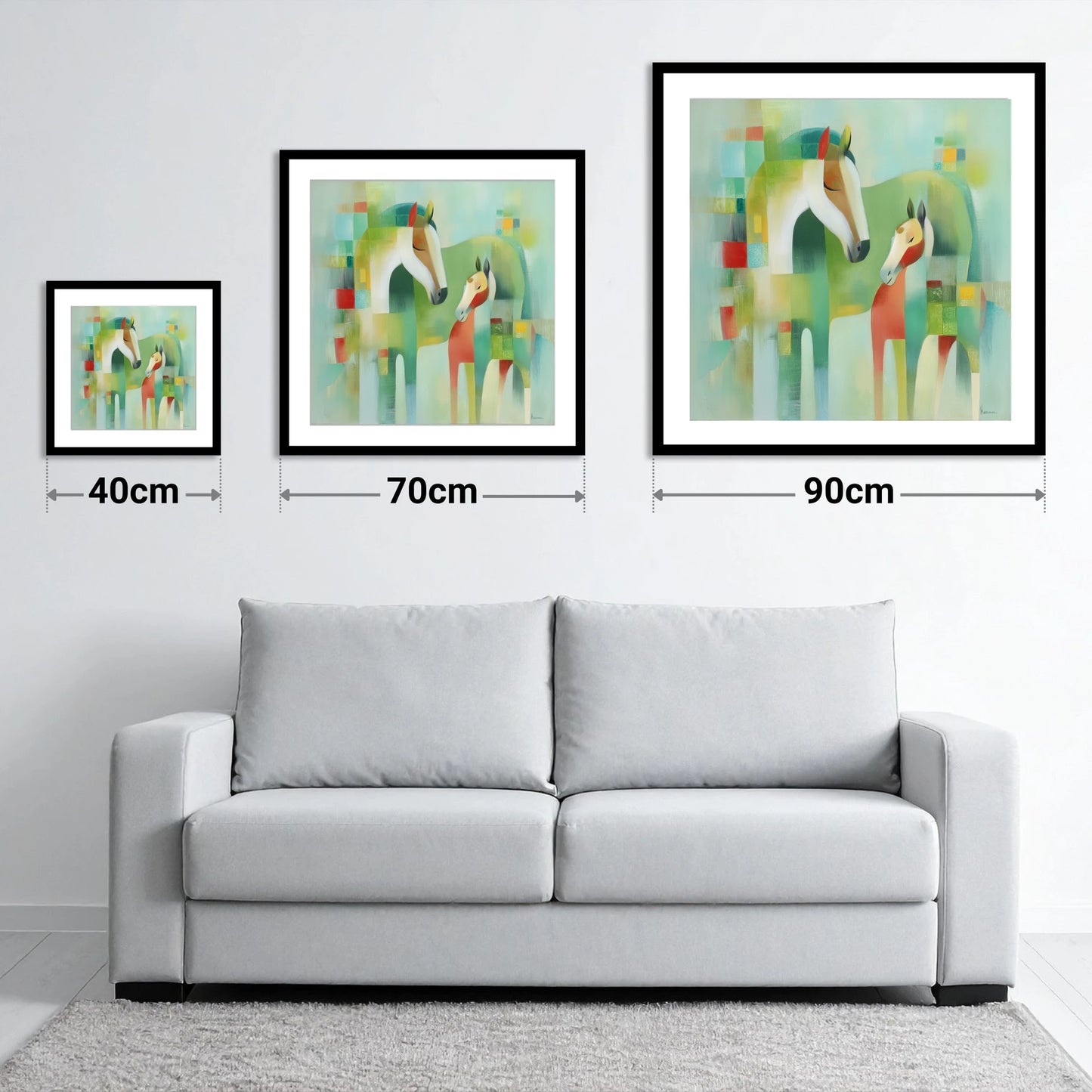 Contemporary Equine Harmony - size guide showing 40cm, 70cm and 90cm art prints